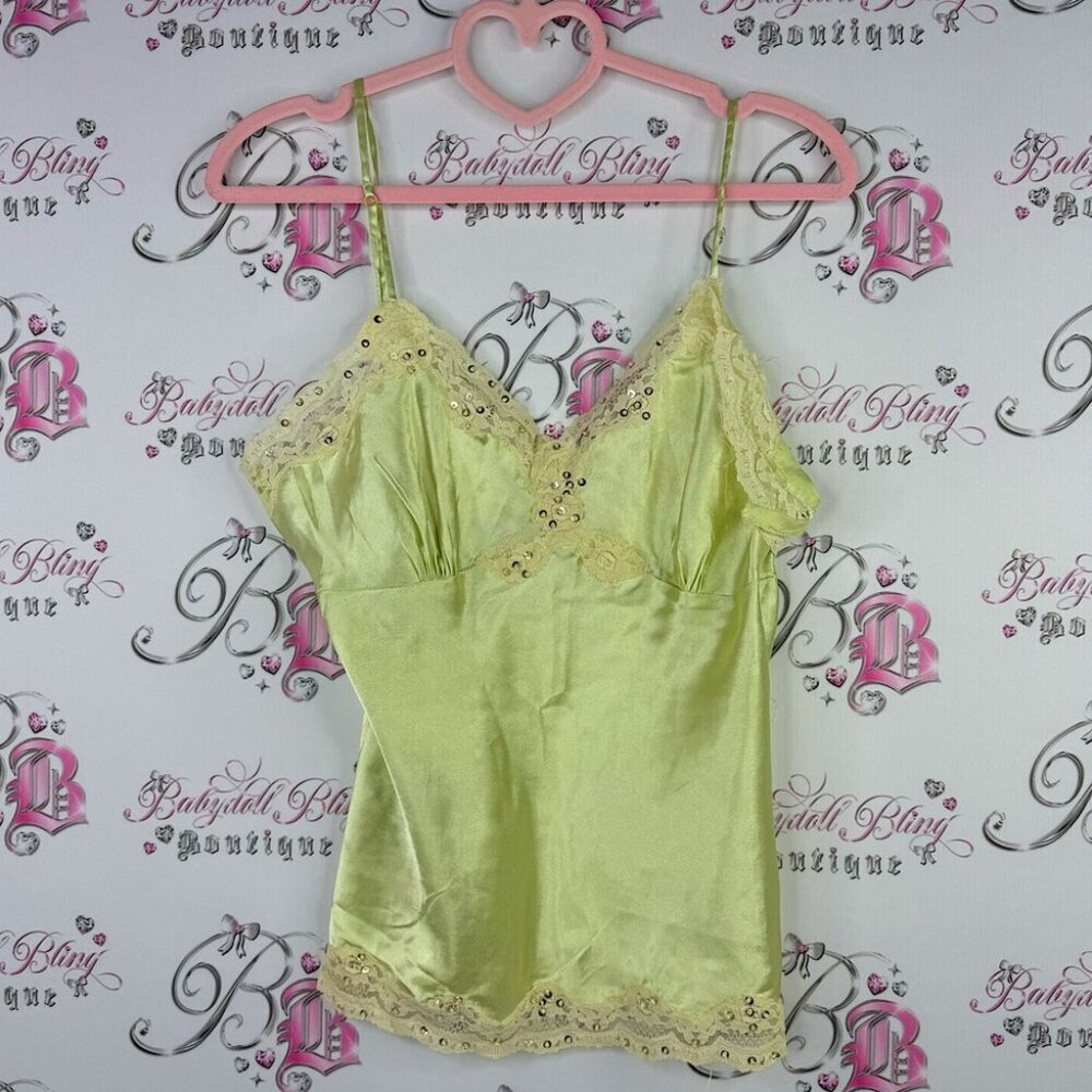 Seduction tank top silky satiny lime green pastel with beige gold sequin lace